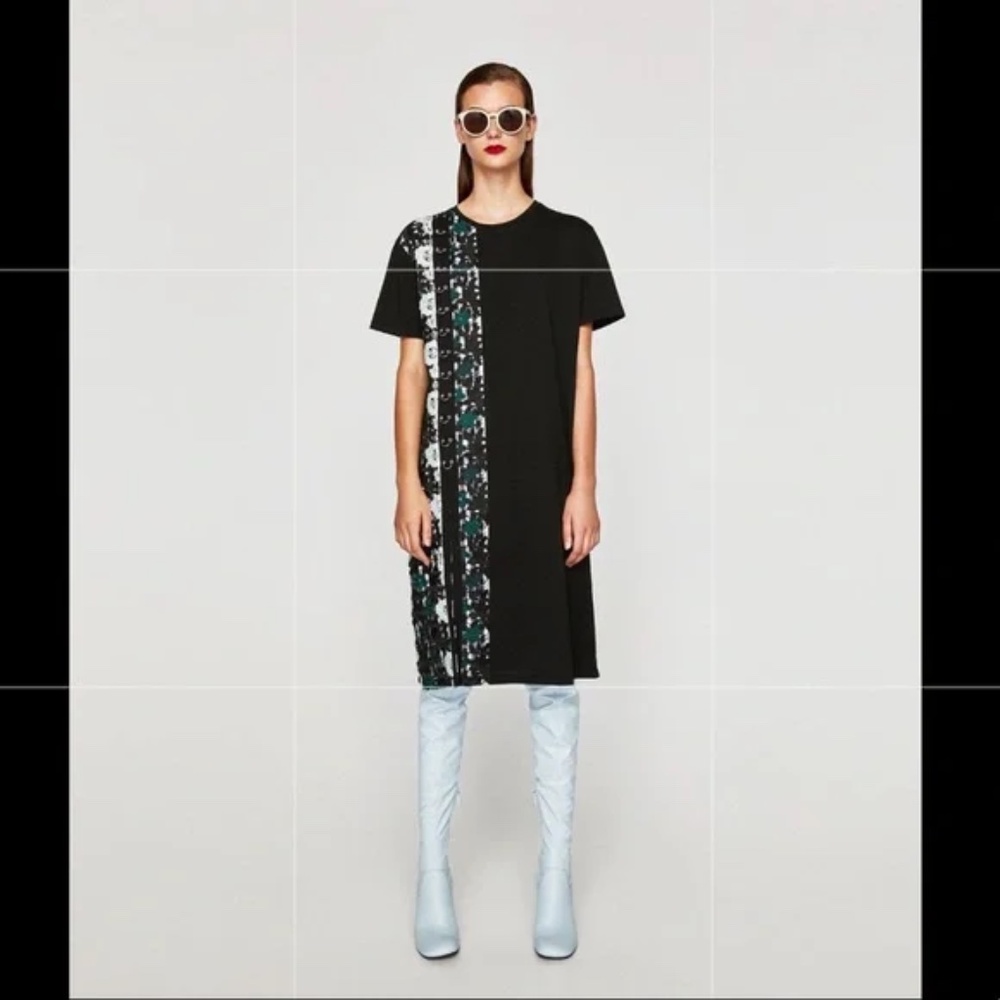 Zara T-shirt dress lace checkered black green
